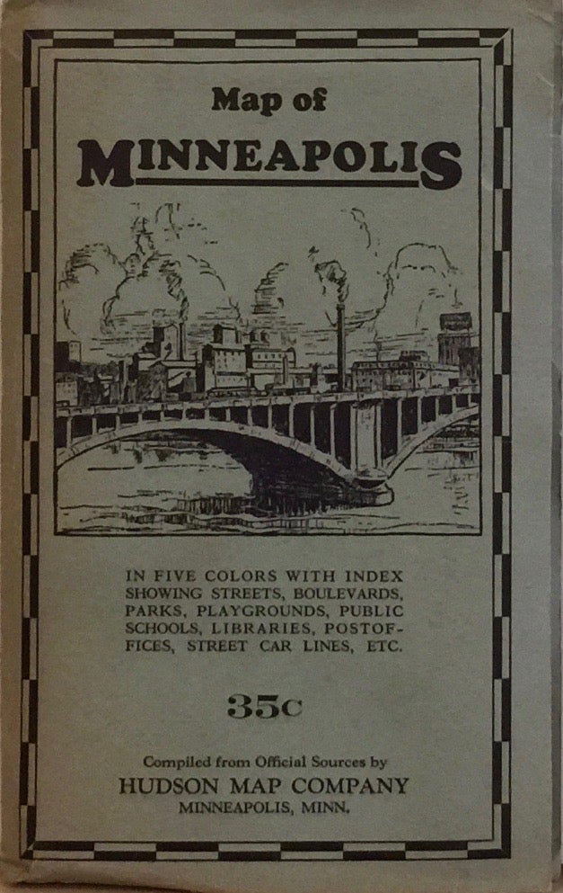 Item #012295 Map of Minneapolis: In Five Colors with Index Showing Streets, Boulevards, Parks, Playgrounds, Public Schools, Libraries, Post Offices, Street Car Lines, Etc. HUDSON MAP COMPANY.