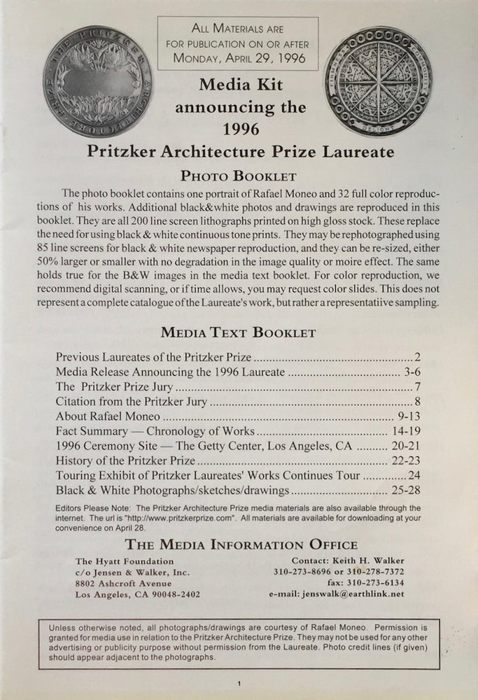 Item #013695 Media Text Booklet Announcing the 1996 Pritzger Architecture Prize Laureate [Rafael Moneo]. MONEO, HYATT FOUNDATION.